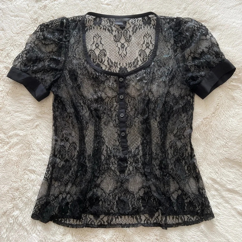 Women’s Armani Exchange Whimsigoth Black Sheer Lace Feminine Blouse Top M